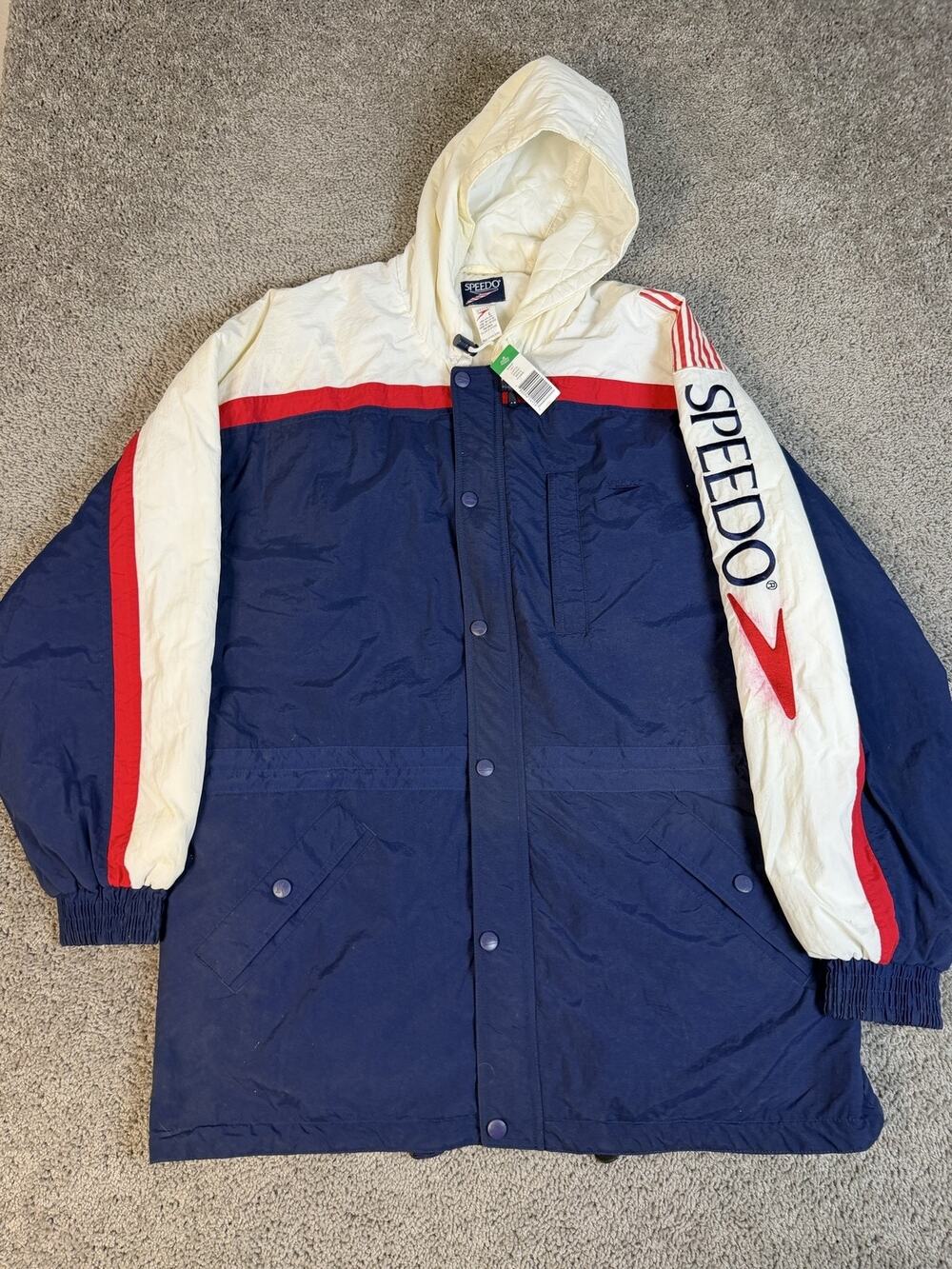 Vintage Speedo Jacket Mens L Blue White Red Quilted Hooded Lined Insulated Long